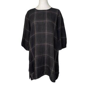 Eileen Fisher Black Linen Plaid Elbow Sleeve Tunic Top with Side Slits, Size PM